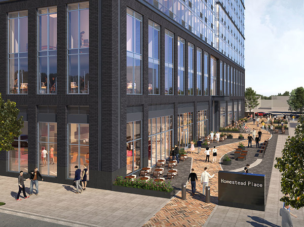 Rendering of ground floor pedestrian plaza and retail space at 618 pavonia c3d architecture